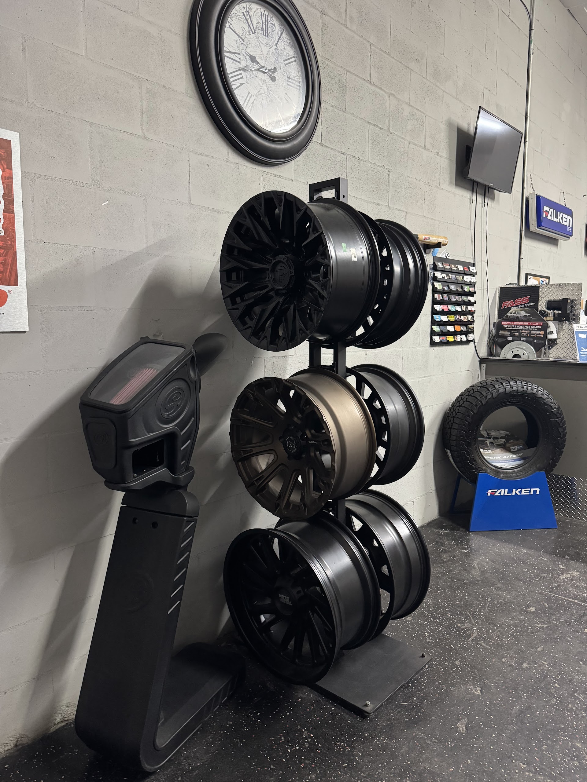 New wheels and tires on display at Spencer's Auto & Diesel in Ocala, FL